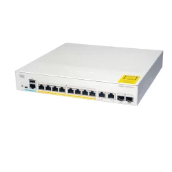 Cisco 8x 10/100/1000 Ethernet PoE+ ports and 120W PoE budget, 2x 1G SFP and RJ-45 combo uplinks, with external PS